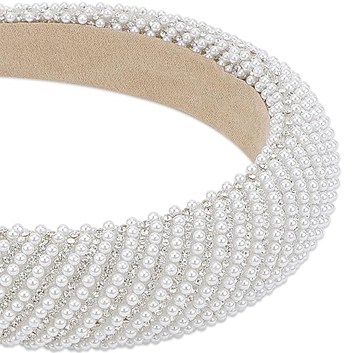 Miniatura 6 de YISSION 1 diadema de perlas blancas para mujer, banda antideslizante con diamantes de imitación, diadema con cuentas brillantes, diademas acolchadas