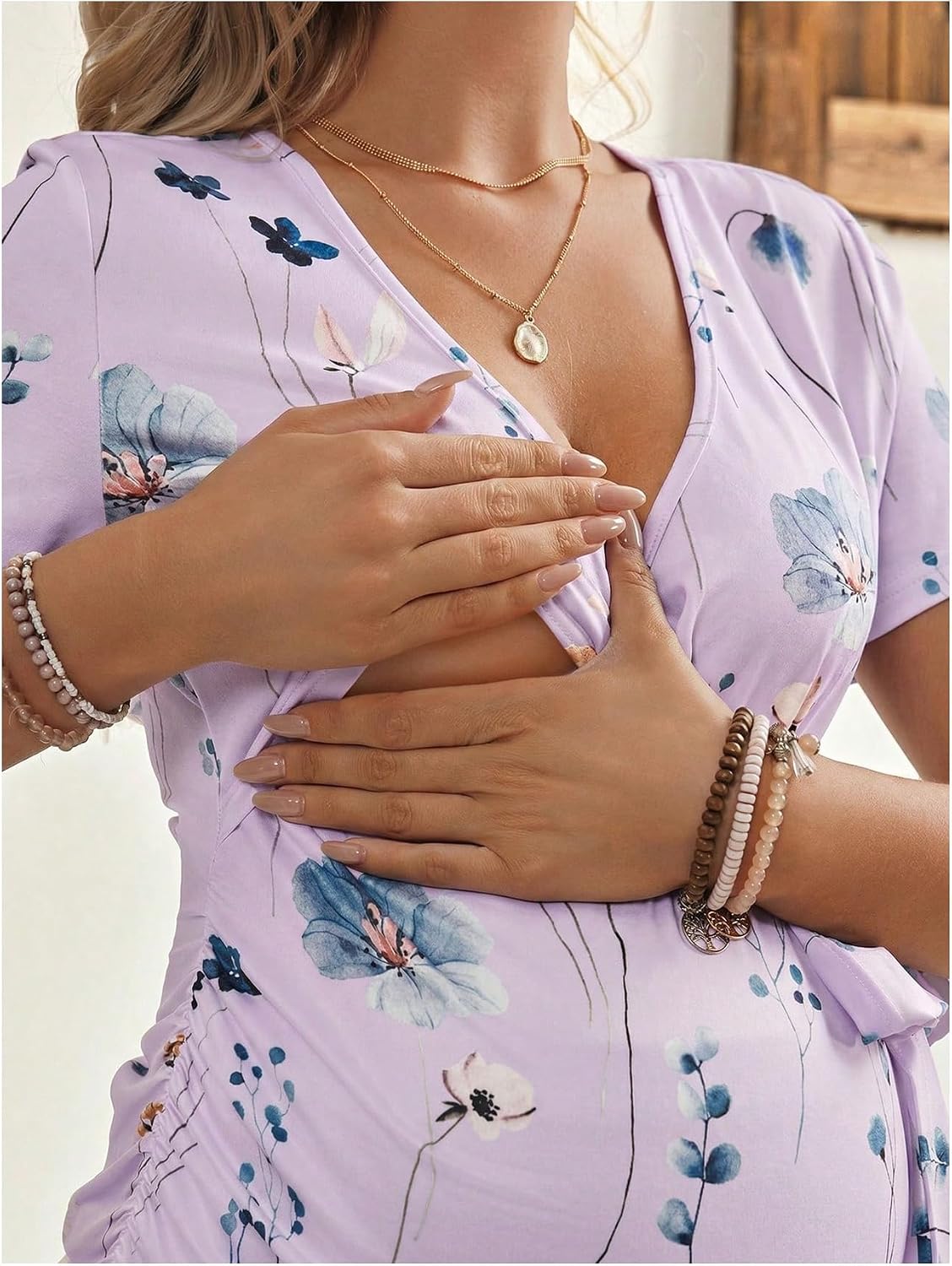 SHENHE Women's Maternity Nursing Top V Neck Short Sleeve Floral Shirt