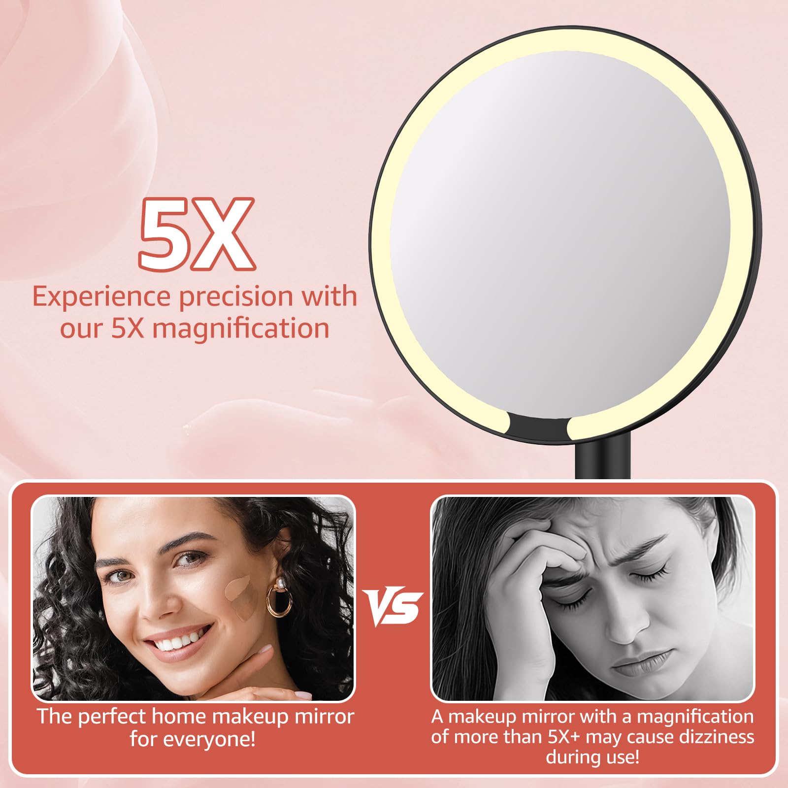 Mbillion Espejo de aumento con luz 5X, espejo de maquillaje portátil para escritorio, mesa de sobremesa, ajuste multiángulo, recargable para dormitorio, viajes (negro)