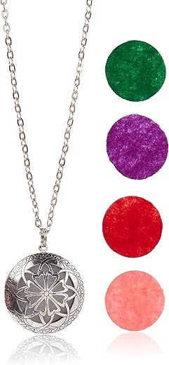 Aromatherapy Diffuser Necklace Pendant for Essential Oils. 1.15 Antique Silver Round Locket with Two Chains (21 & 28) and 5 Colored Felt Pads…