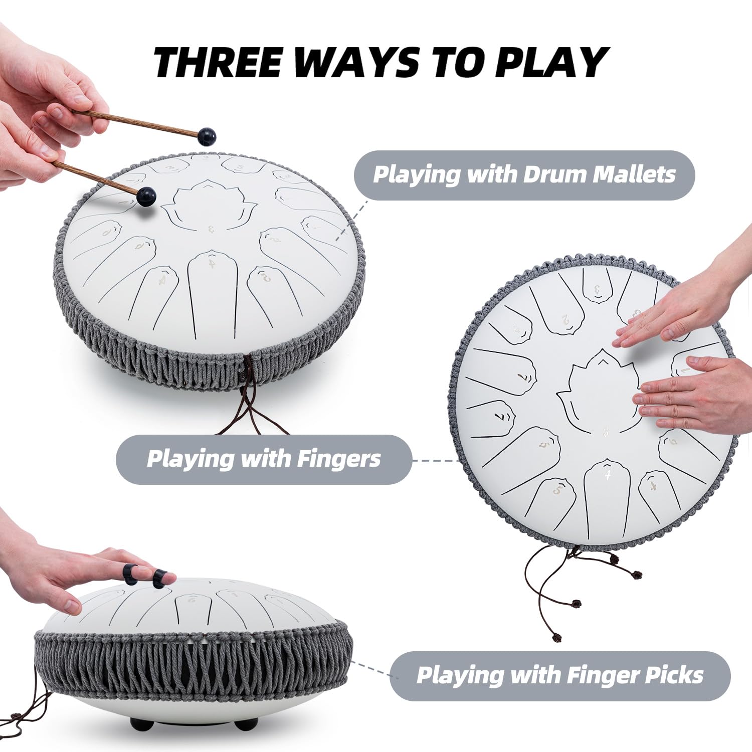 Tambour à langue en acier de 33 cm à 15 notes, avec sac de voyage en C, pagaies de doigt et livre de musique, percussion à main pour l'éducation musicale, la méditation, le yoga, cadeaux (blanc titane