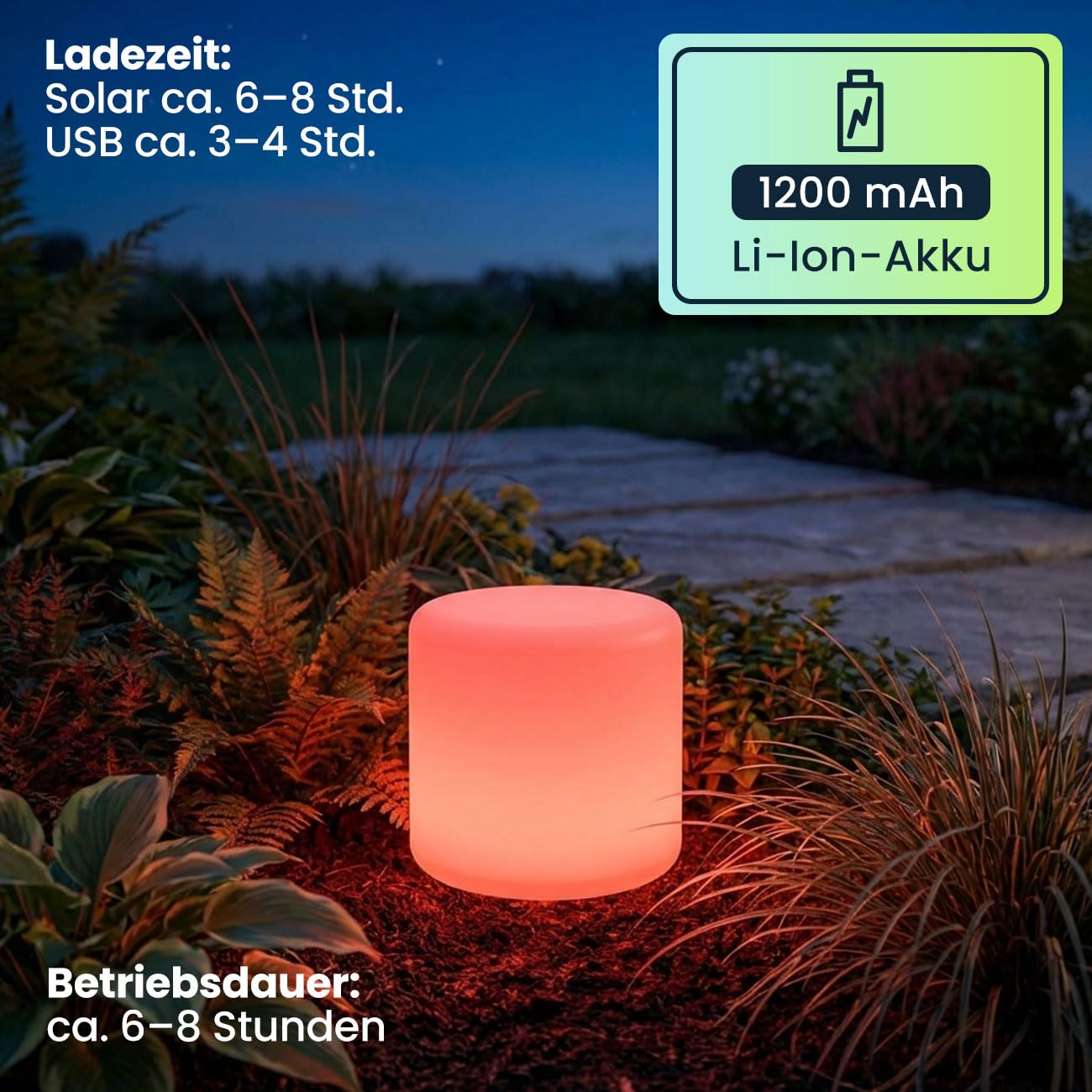 ideoon Moderne LED Solar Zylindrische Tischlampe & Gartenleuchte mit Erdspiess, RGBW Farbwechsel, USB aufladbar, IP44 wetterfest - ideal für Ihren Garten (2)