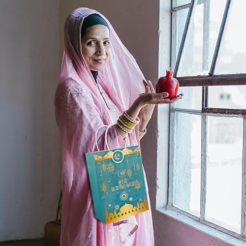 Miniatura 7 de PEUTIER 12 bolsas de regalo de Eid Mubarak con asa, bolsas de regalo de Ramadán azul dorado para Ramadán, bolsas de papel musulmán Eid Al-Fitr para