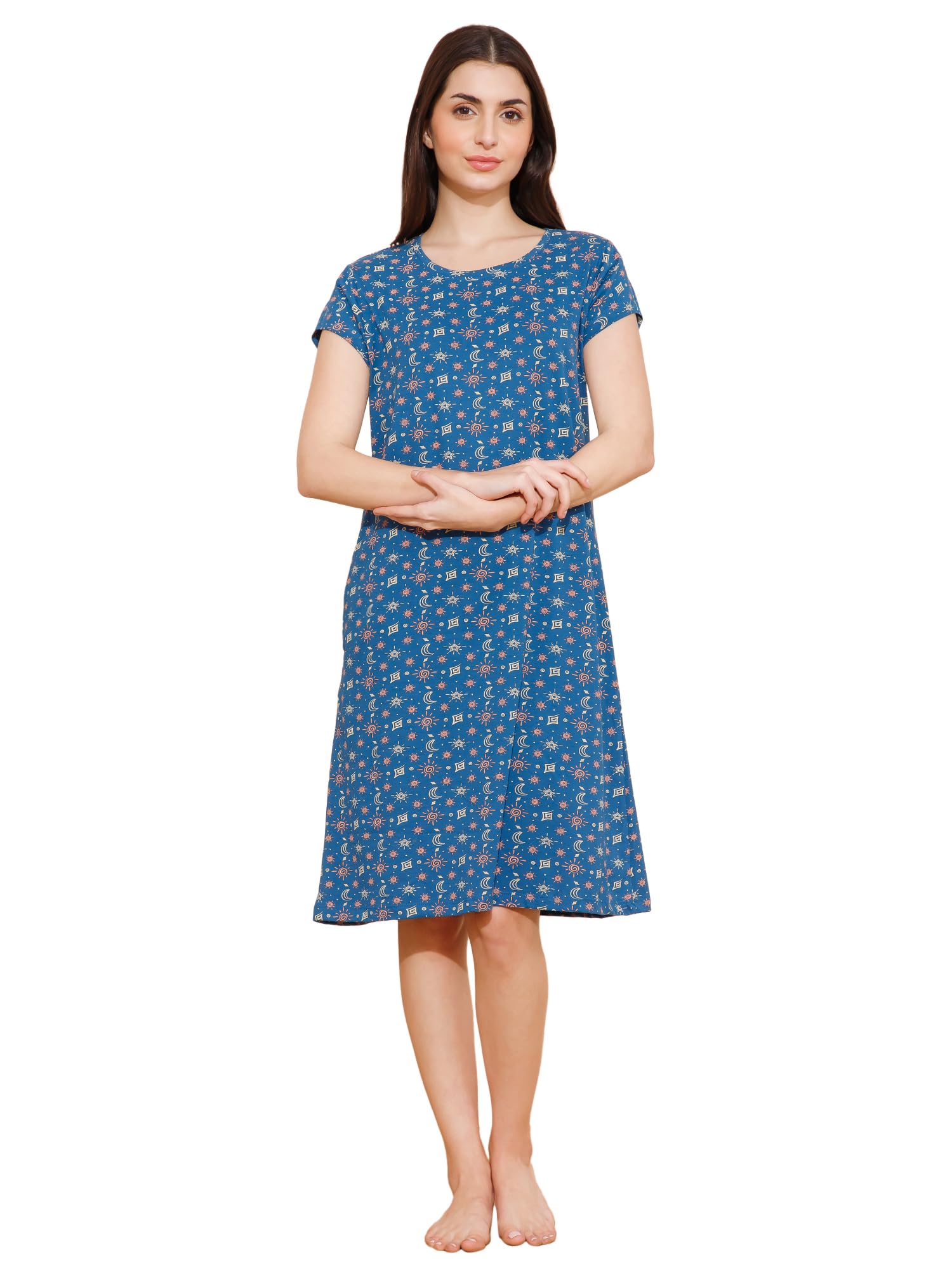 Mushy Mod Women's Cotton Shapes Print Knee Length Night Dress/Night Gown/Short Nighty - MM-3003