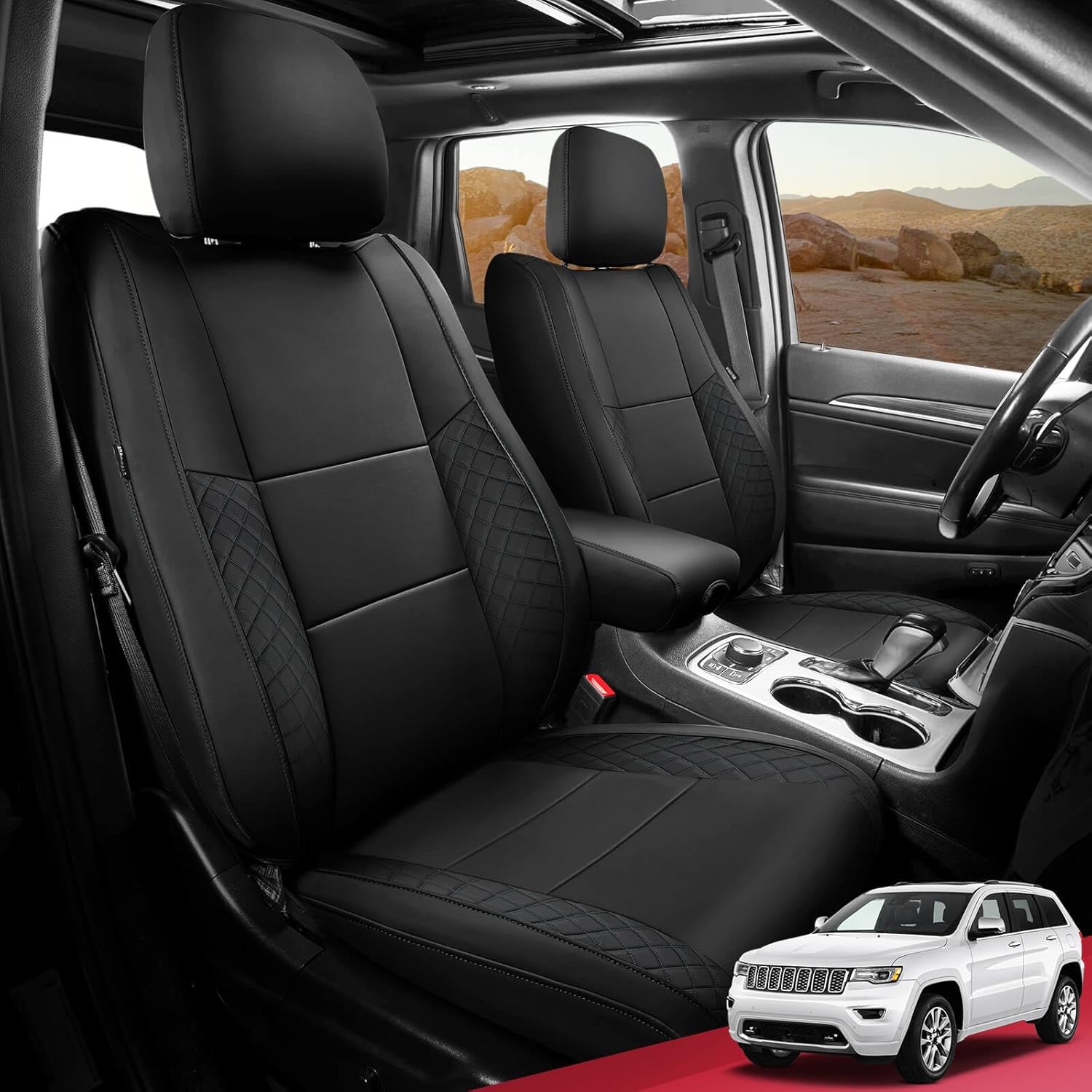 FREESOO for Jeep Grand Cherokee Seat Covers 2011-2021, Luxury Leather Car Seat Covers, Waterproof Seat Covers for Cars, Automotive Seat Covers Protector Cushion Accessories, Black Full Set