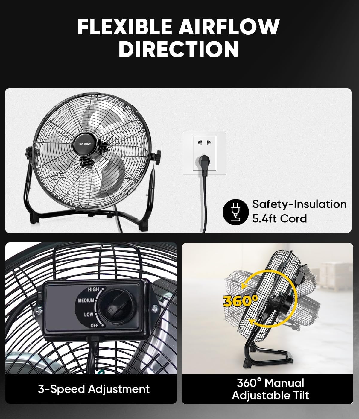 KEN BROWN 14 Inch High Velocity Metal Floor Fan, 3 Speed & 360° Adjustable Tilt, All-Metal Construction, Powerful 25 ft/sec Airflow, for Warehouse, Workshop, Factory, Garage & Home
