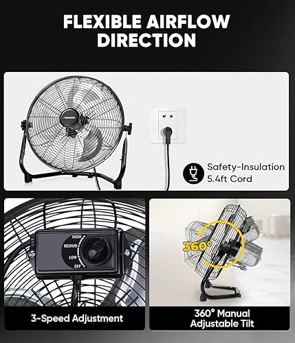 Miniatura 6 de KEN BROWN - Ventilador de piso de alta velocidad de 14 pulgadas, 3 velocidades, 360 °, ajustable, inclinable, potente flujo de aire para el hogar