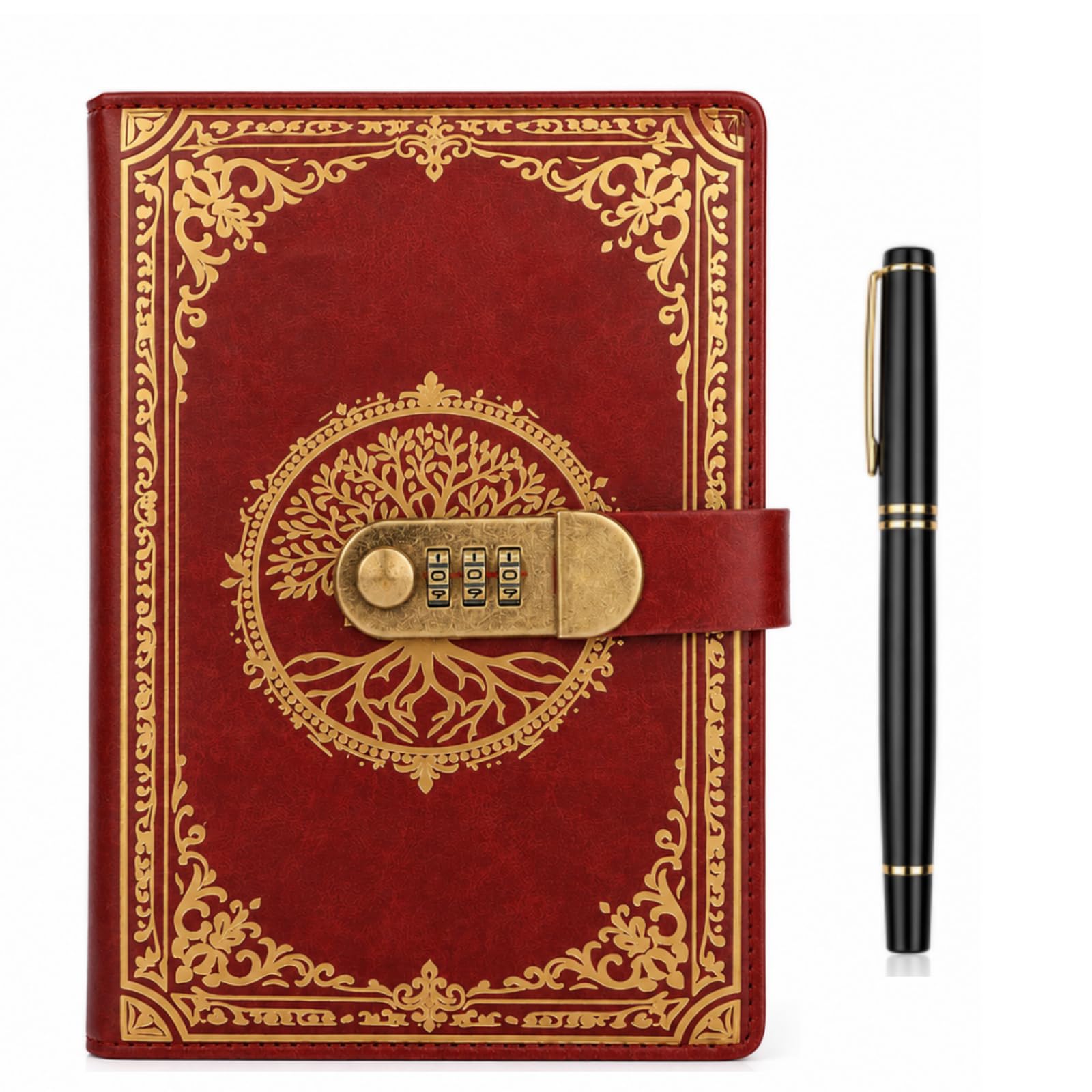 SIMDAO A5 Leather Journal with Lock, 300 Pages/100GSM Thick Lined Paper Secret Diary, Vintage Notebook with Pen, Privacy Password Journal for Men Women (Red)