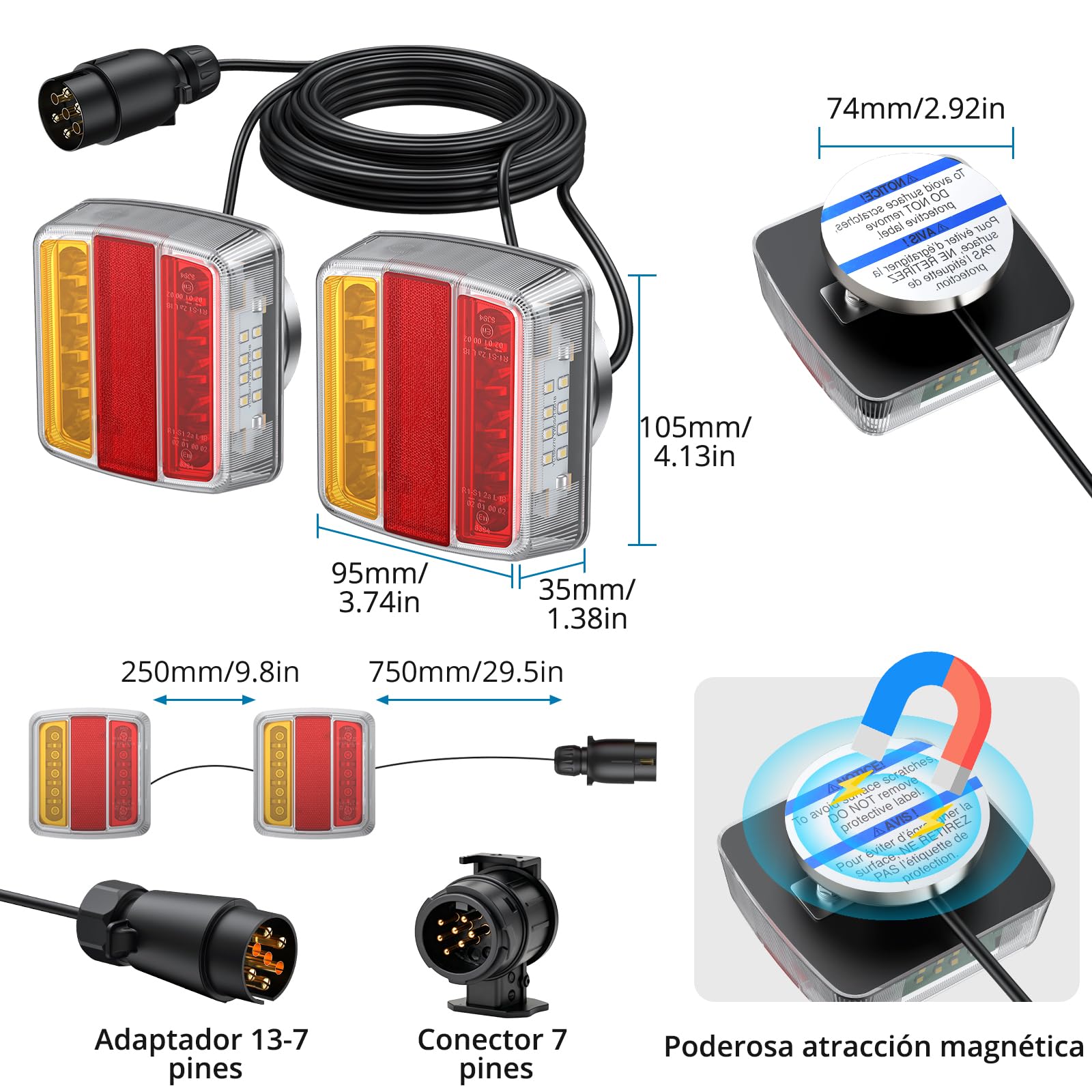 AUTOUTLET 2X Luces Traseras para Remolques Homologado 7pines y 13pines, Cable 7,5m con Luz de Matrícula, Montaje de Imanes,12V 18 LED para Camión, Remolque, Van Caravan