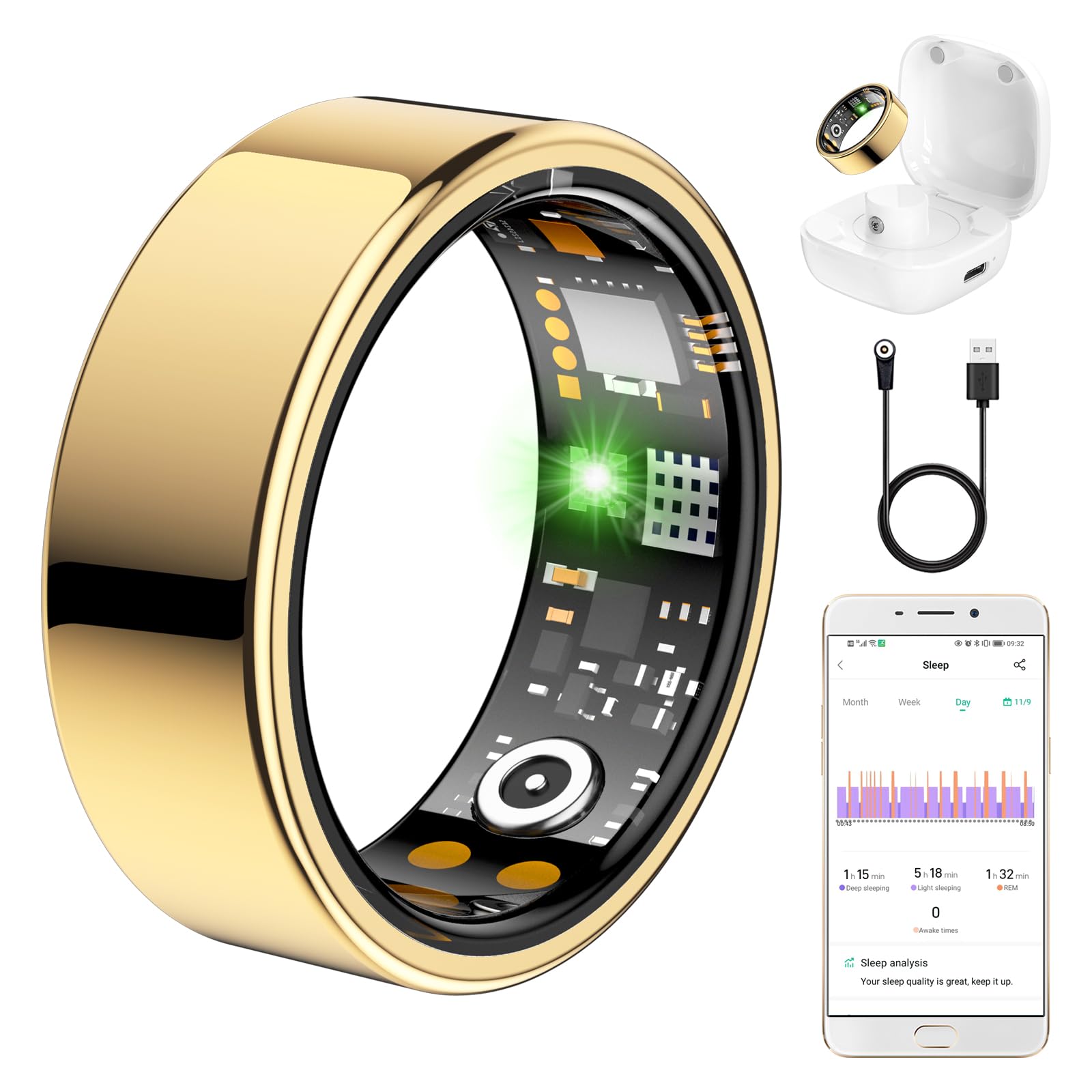 Ring Health Tracker for Women Men, Fit Ring with Heart Rate, Blood Oxygen, Sleep Monitor, Calories, Step Counter, No Subscription Fee (Gold, 13#)