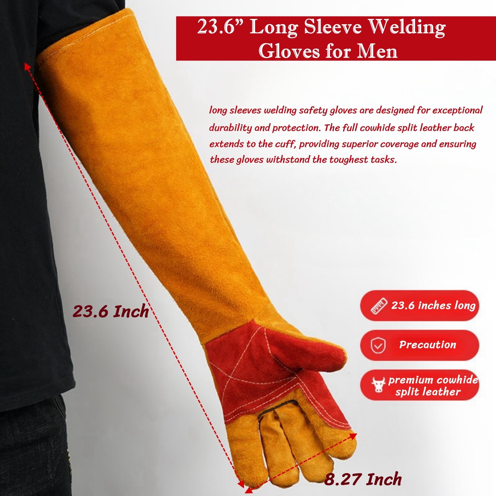 BLIRITEL Guantes de soldadura de manga larga de 23.6 pulgadas para hombre, resistentes al calor y al fuego, guantes de soldador de cuero para Mig, Tig, Stick, Forge, barbacoa, parrilla, chimenea