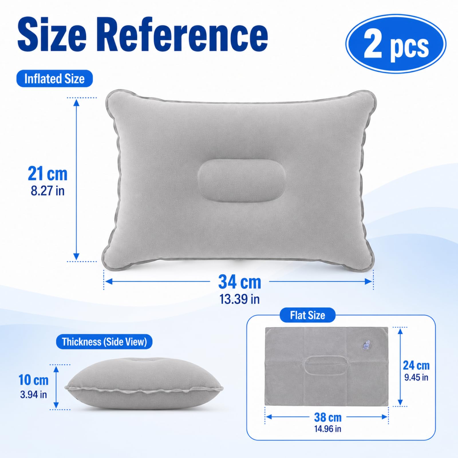 2 Stück Aufblasbares Kissen 38 x 24 cm, Graues PVC Luftkissen Kopfkissen, Sitzkissen und Reisekissen, Leichtes Camping Zubehör für Wandern, Strand, Picknick, Festival, Flugzeug und Outdoor