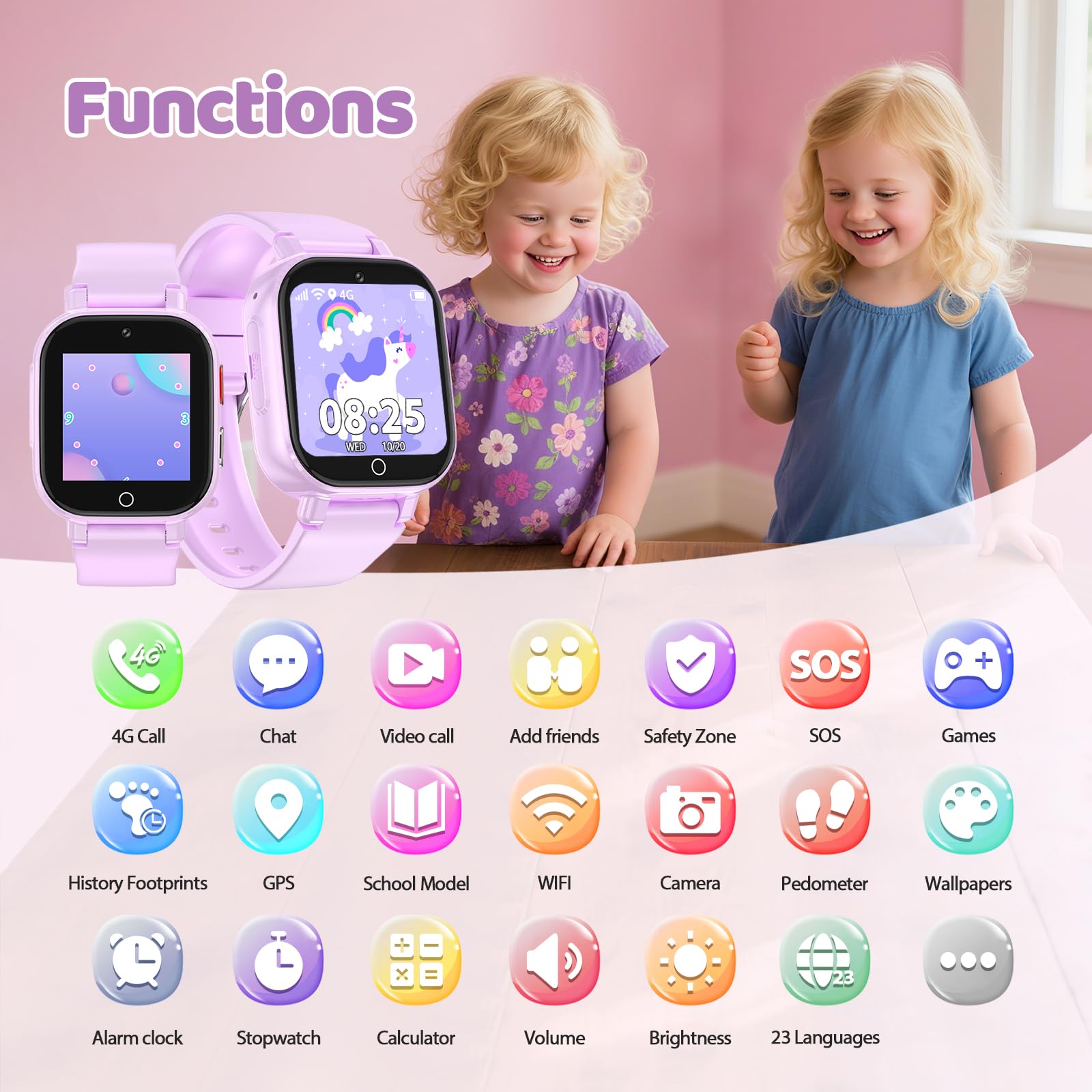 Reloj Inteligente Niño 4G Llamadas, Smartwatch Niños con GPS Telefono Videollamada SOS Chat de Voz Modo Clase Cámara Cronómetro Podómetro Calculadora, Reloj Infantil Niño Niña de 4 a 12 Años, Violeta