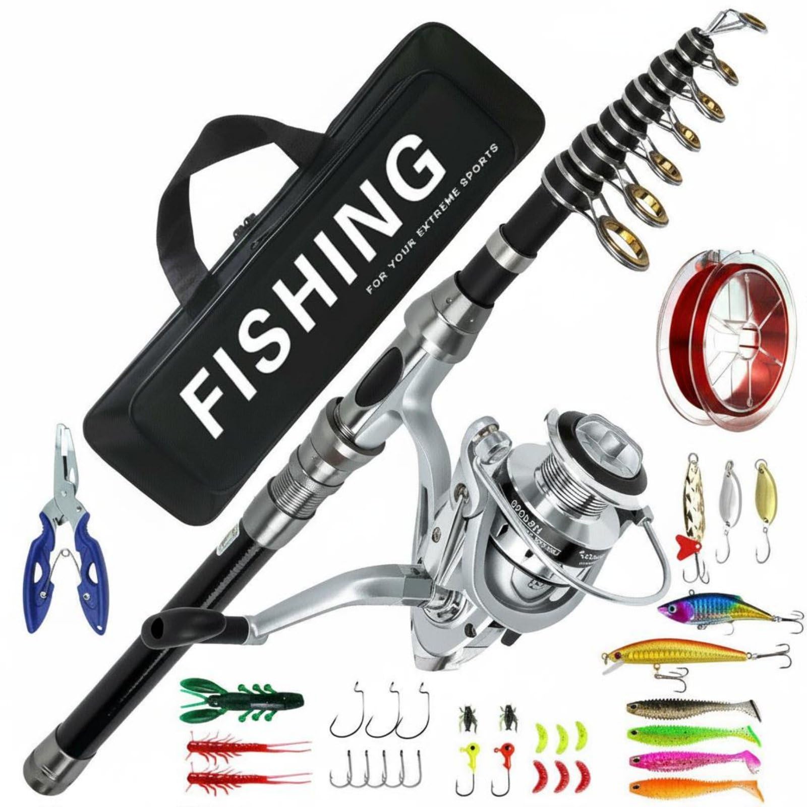 Ensemble de Pêche Complet Canne Télescopique Moulinet de Pêche Assortiment de Leurres Hameçons Fibre de Carbone Multi-Sections Équilibrée Maniement, 270CM