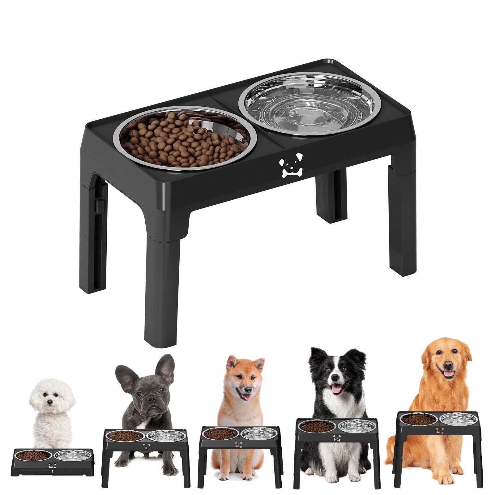 Comederos Elevados De Comida Para Perros Plato Antideslizante 5 Alturas | Cuencos De Acero Inoxidable Para Perros Con Soporte Para Razas Pequeñas A Grandes, Gatos, Cachorros, Interior