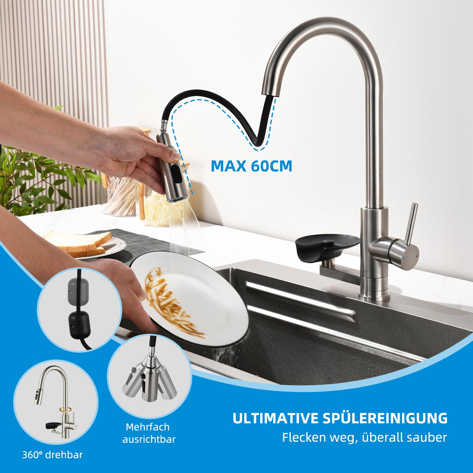 Robinet de cuisine Mynaiad avec lave-gobelet,douchette extractible, double sortie, rotation 360°, robinetterie robinet cuisine en acier inoxydable 304 brossé