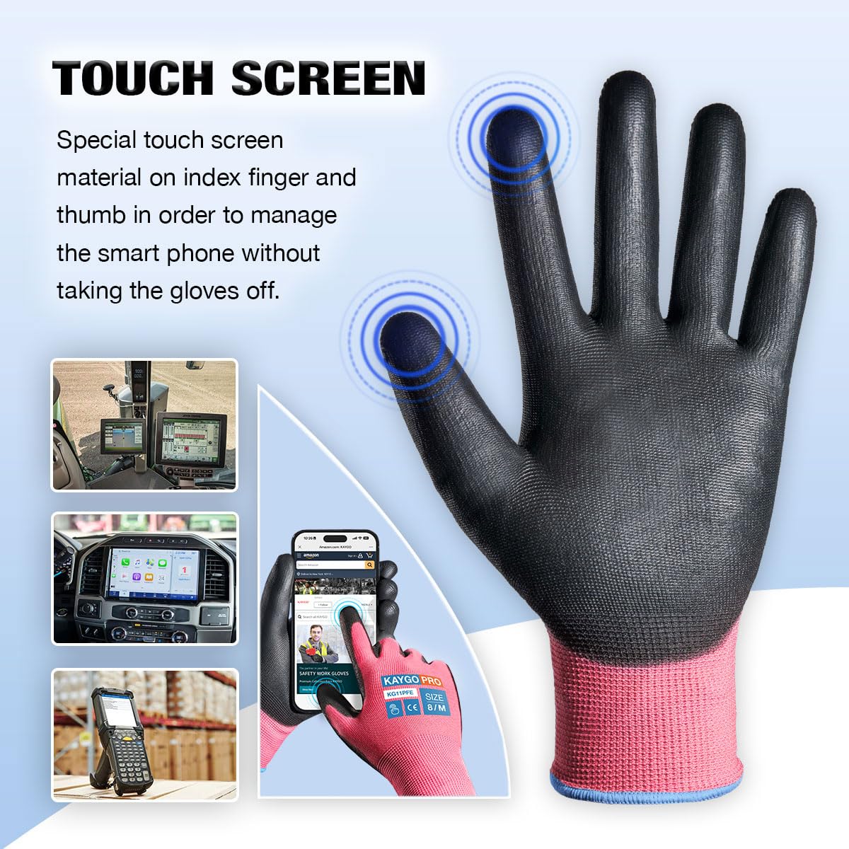 KAYGO Work Gloves PU Coated 12 works Touchscreen, KG11PFE, Safety Working Gloves with Secure Grip on Palm & Fingers - Image 2
