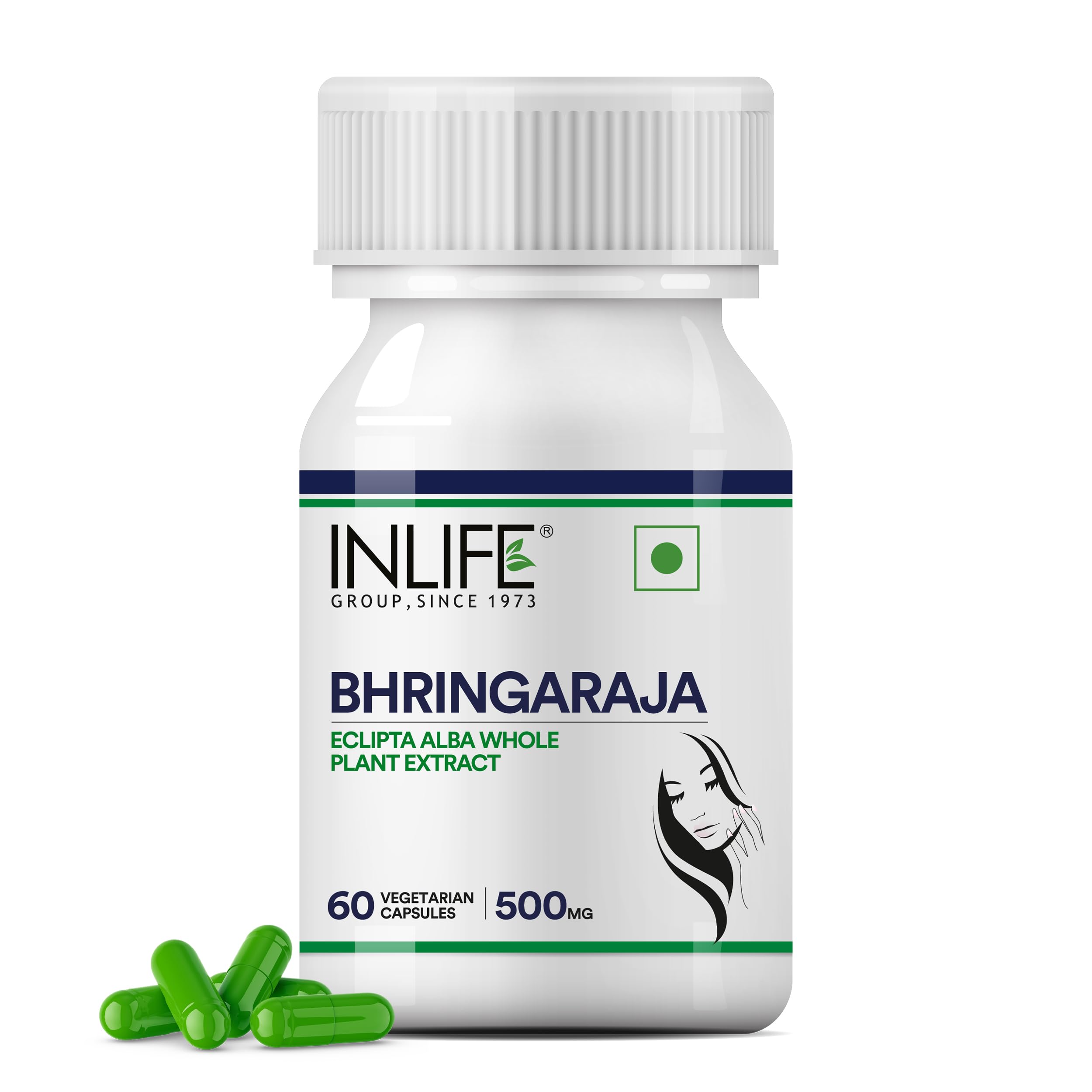 INLIFE Bhringraj Capsules for Hair | Whole Plant Extract Supplement | Eclipta Alba | Supports Healthy Hair for Women & Men, 500mg - 60 Vegetarian Capsules (Pack of 1, 60)