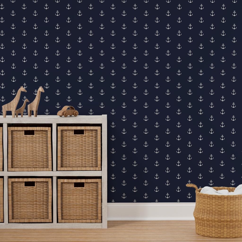 Peel & Stick Wallpaper 3ft x 2ft - Anchor Navy Sea Sailor Nautical Ivory Blue Ocean Water Boat Custom Removable Wallpaper by Spoonflower