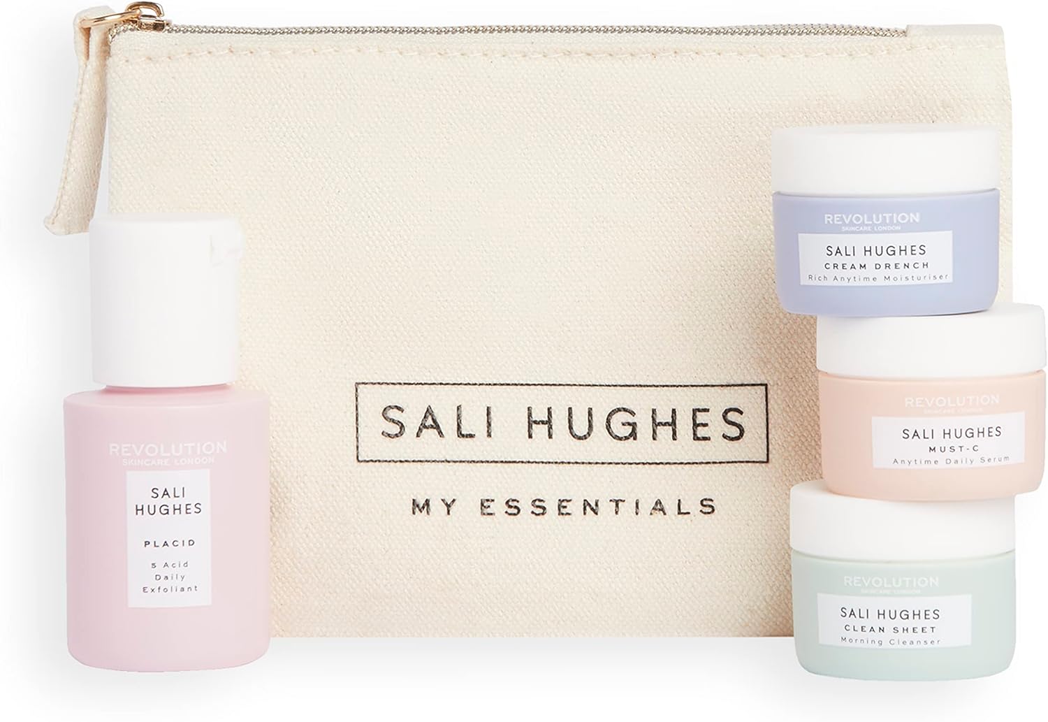 Revolution Skincare x Sali Hughes Mini Kit, reisvriendelijke maat, reinigingsmiddel, peeling, serum & vochtinbrengende crème, 3 x 10 ml, 1 x 30 ml