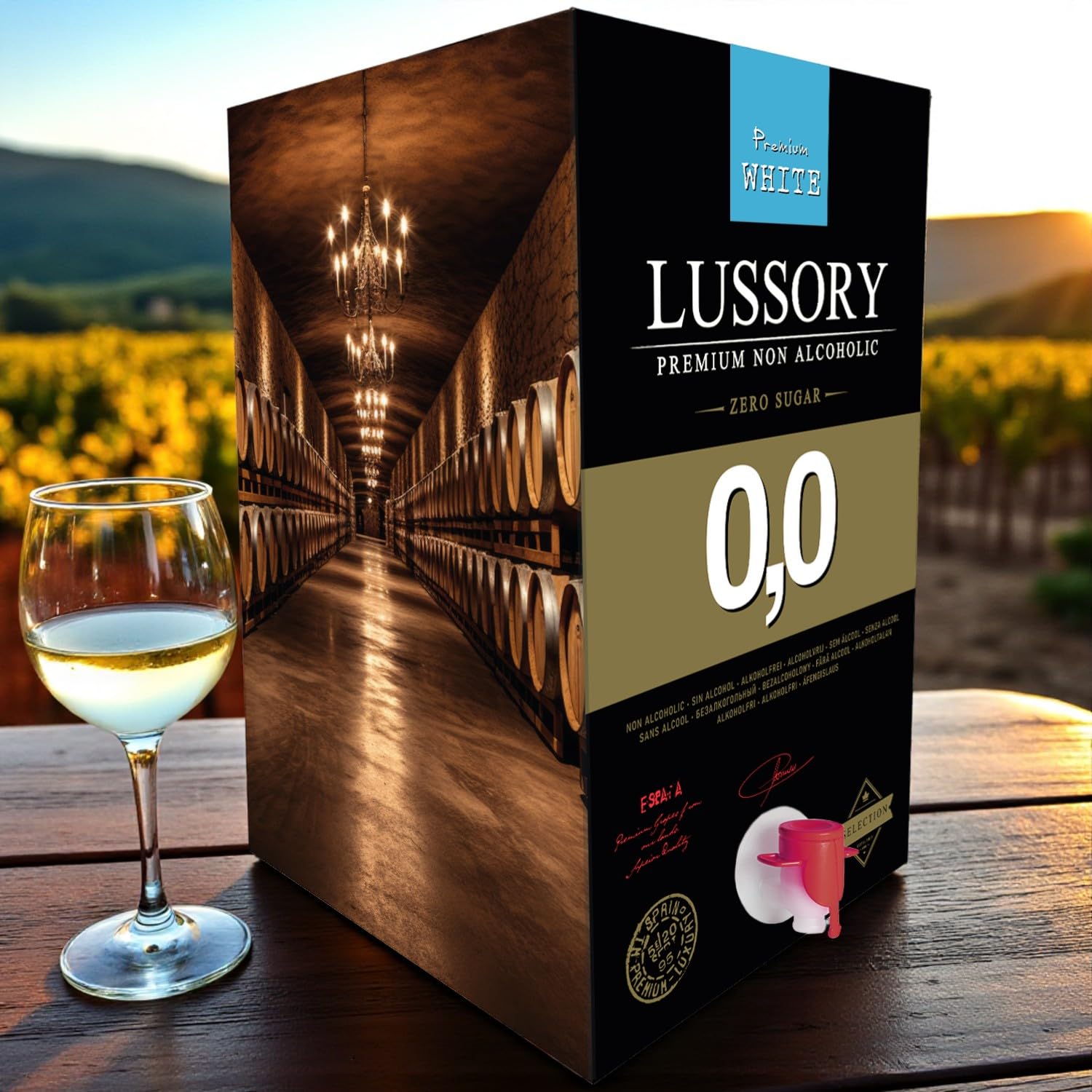 Vino Blanco SIN ALCOHOL 0,0 - LUSSORY PREMIUM | Bag in Box 10 litros | Equivalente a más de 13 botellas de 750ml | Formato ahorro con grifo | SIN azúcar, SIN alcohol, BAJO en calorías