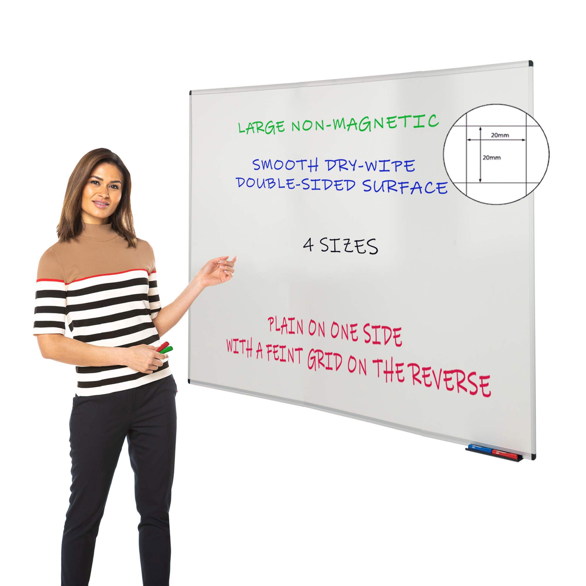 Wonderwall Non-Magnetic Whiteboard, 120 x 120 cm, Double-Sided Dry-Wipe Surface with Feint Grid on Reverse, Clip-on Pen Tray, Aluminium Framed - Ideal for Office, School, Healthcare