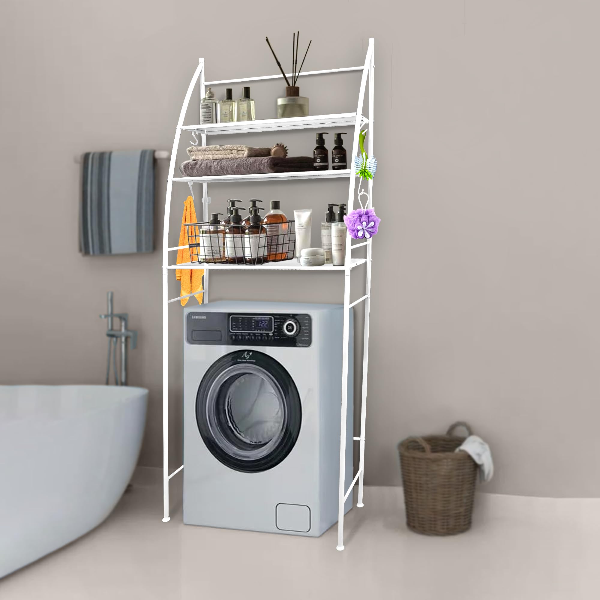 Bigkart Steel Over The Top Washing Machine Shelf With Hooks And Non-Slip Pads | Toilet Seat And Washing Machine Overhead Storage Rack Organizer Stand For Bathrooms And Washing Areas - White (B0CP7CFYK5) Amazon Price History, Amazon Price Tracker