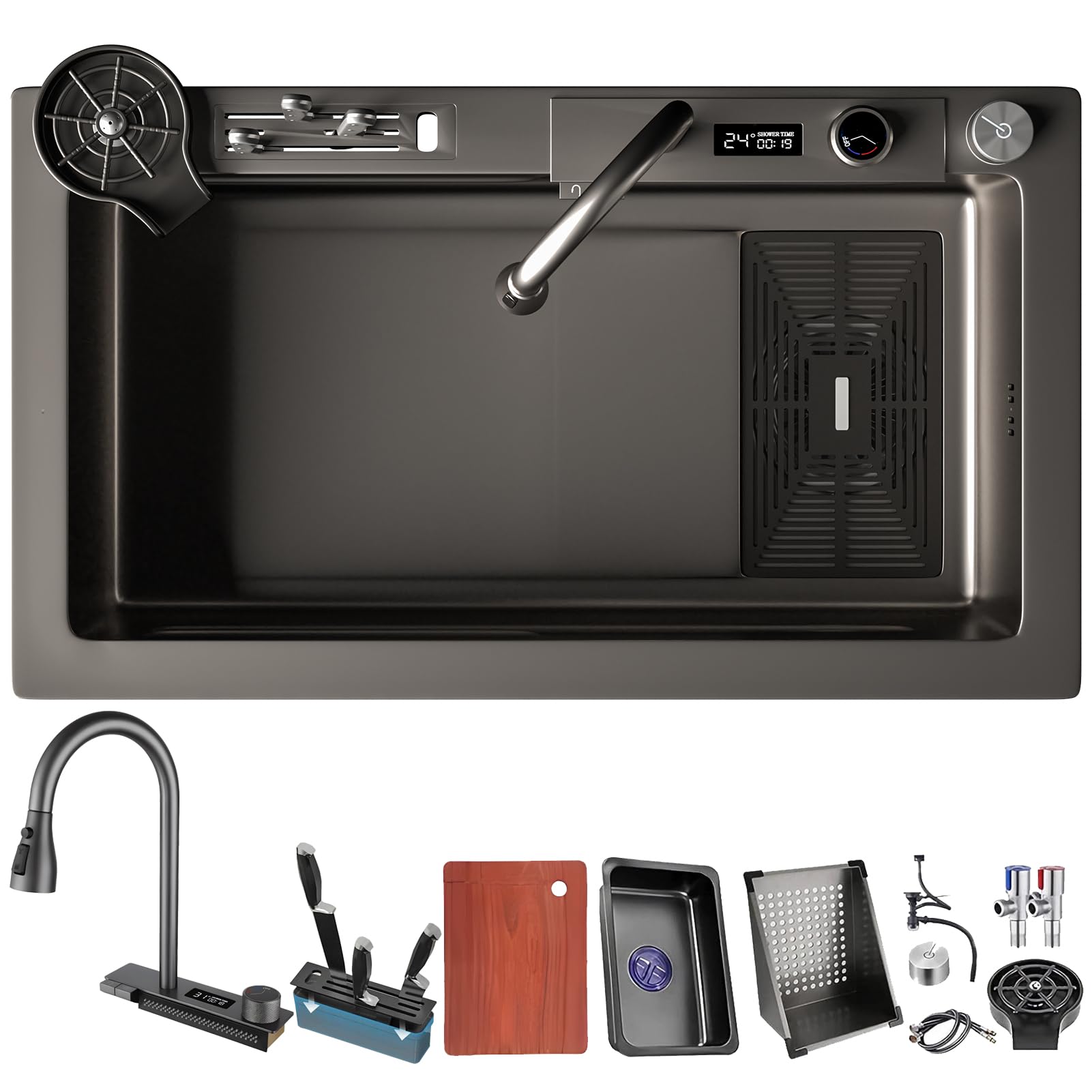 YADZISW Black Stainless Steel Waterfall Kitchen Sink - Single Bowl Workstation with Pull-Out Faucet Nano Coating Siphon Overflow & Drain Set Top-Mount Bar #3A