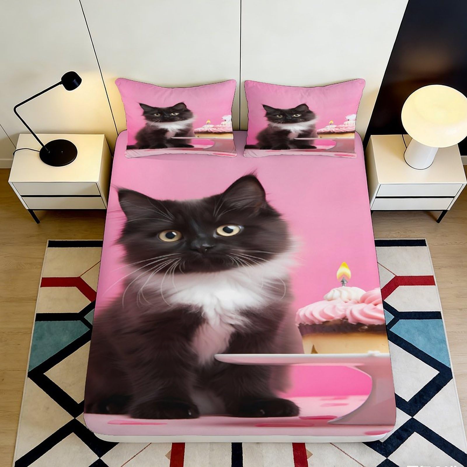 3D Printed Cat Dessert Fitted Sheet Microfiber Deep Pocket Bedroom Bedding Set Cat Mattress Fitted Cover Non-Slip for Adults Teens 200x200x25cm