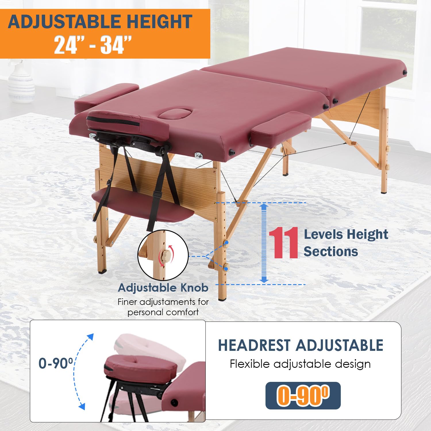 BestMassage Massage Bed Portable Massage Table 2 Folding Lash Bed Height Adjustable 24 Inch Wide Spa Table with Non-Woven Bag for Spa Footmassage Facial CareSpa Tattoo: 28 inch wide Burgundy