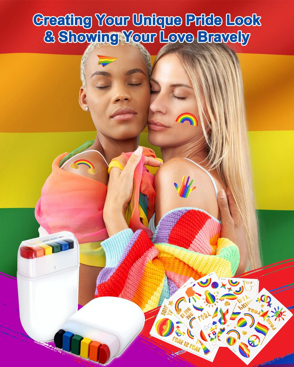 2 Pack Rainbow Pride Face Paint with Pride Tattoos Temporary, Gay Pride Rainbow Makeup Stick, Washable Body Crayon for Cosplay, Party, Halloween, Festival Celebrations Art Accessorie Supplies
