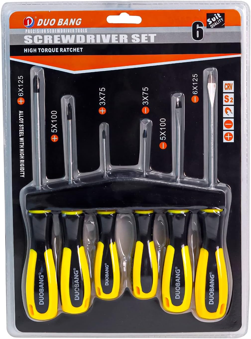 Duo Bang Screwdriver Set of 6 Pieces, Non-Slip Comfortable Handle Screwdrivers Heavy Duty Rust Resistant Craftsman Toolkit For Wet Oily Hand Work High Torque Ratchet Precision Professional Tools