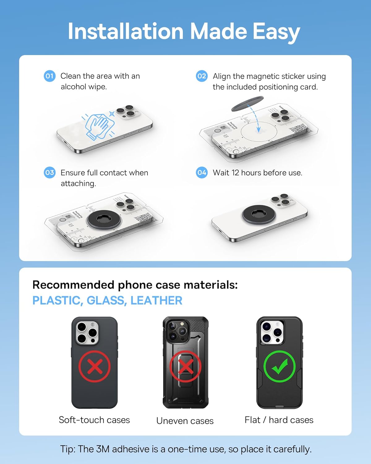 Four-step diagram illustrating the installation of the magnetic phone adapter onto a smartphone case, including cleaning, alignment, pressing, and waiting.