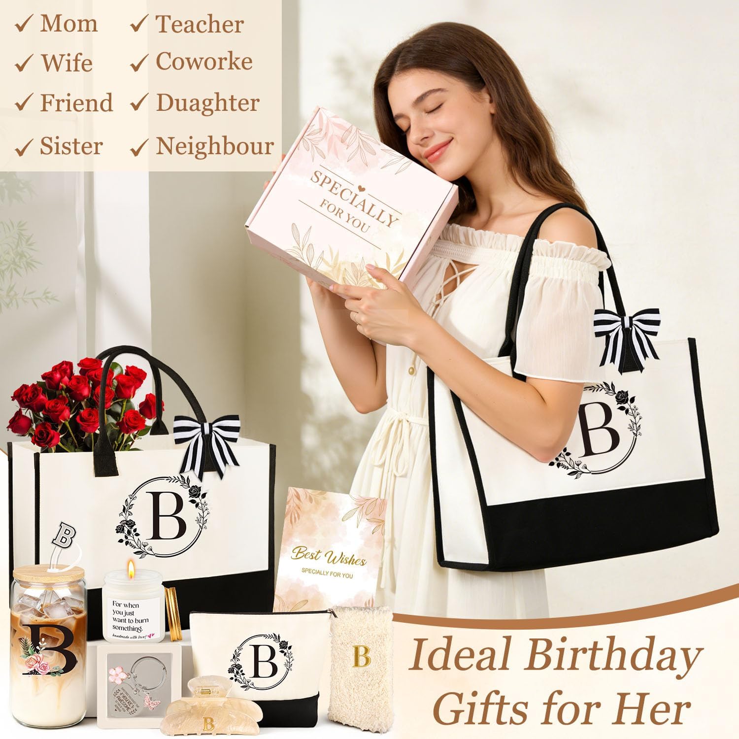 Birthday Gifts for Women, 10pcs Monogrammed Gifts for Women Initial Canvas Tote Bag, Makeup Bag, Glass Cup, Hair Clip, Candle Basket Birthday Personalized Gift for Her Woman Mom Wife Friend Teacher, B image 2