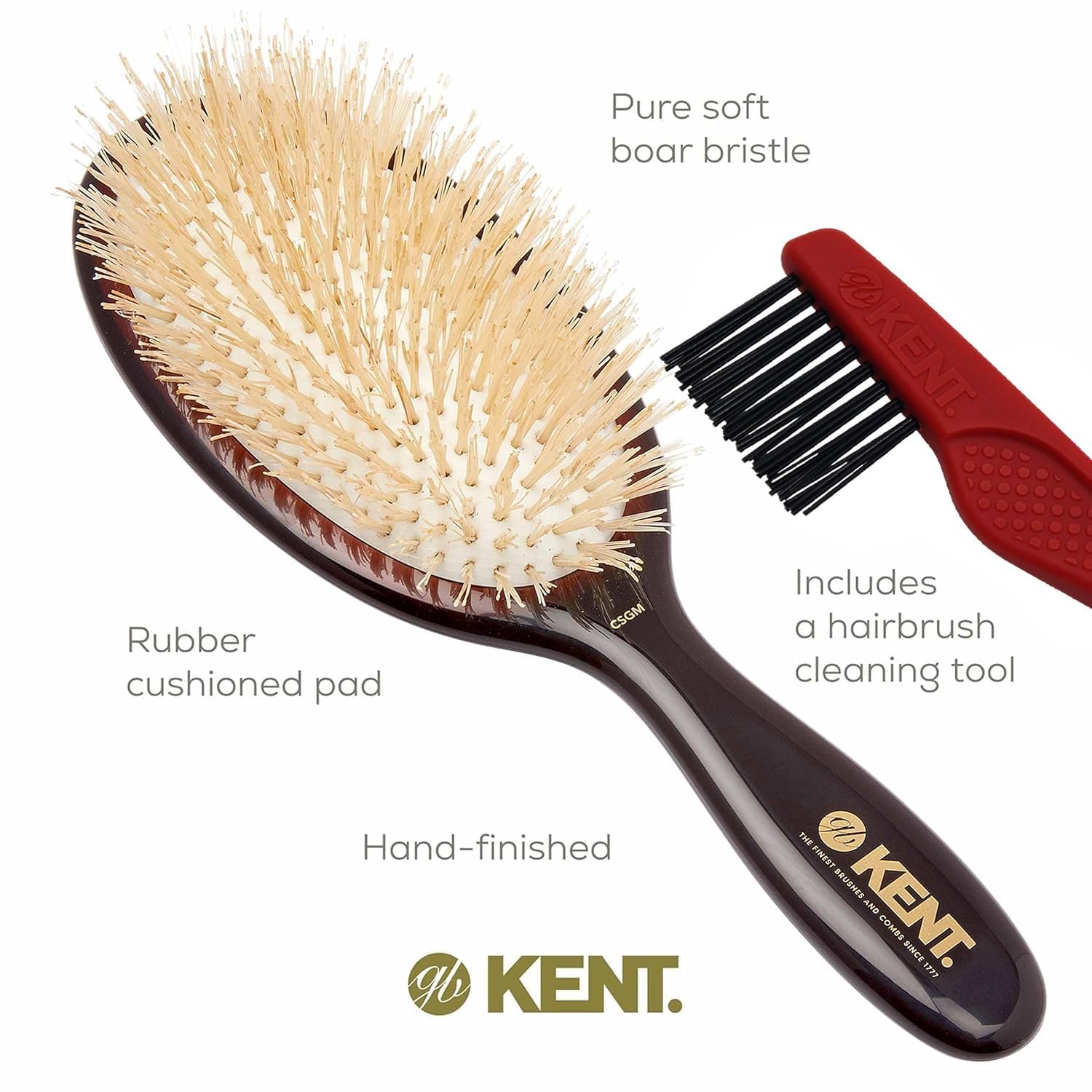 Kent CSGM Classic Shine - Cepillo alisador ovalado mediano de 7.75 pulgadas y desenredante de cabello, cepillo de cerdas de jabalí blanco suave, cepillo para cabello brillante y limpiador de cuero