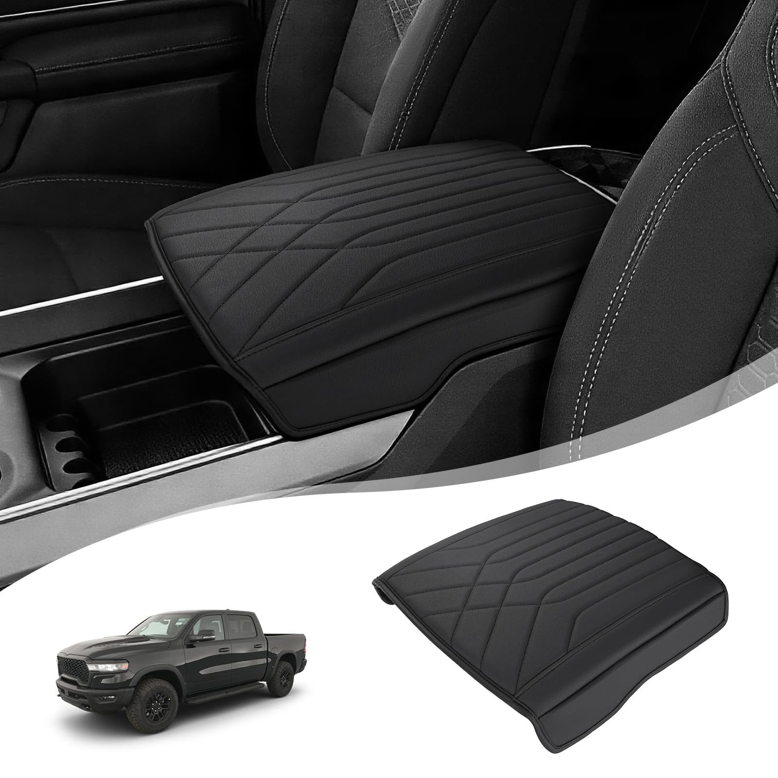 Copertura per bracciolo della console centrale compatibile con accessori Dodge RAM 1500 2500 3500 di quinta generazione 2019-2026, in pelle PU, antigraffio, nero (solo per sedile secchio)