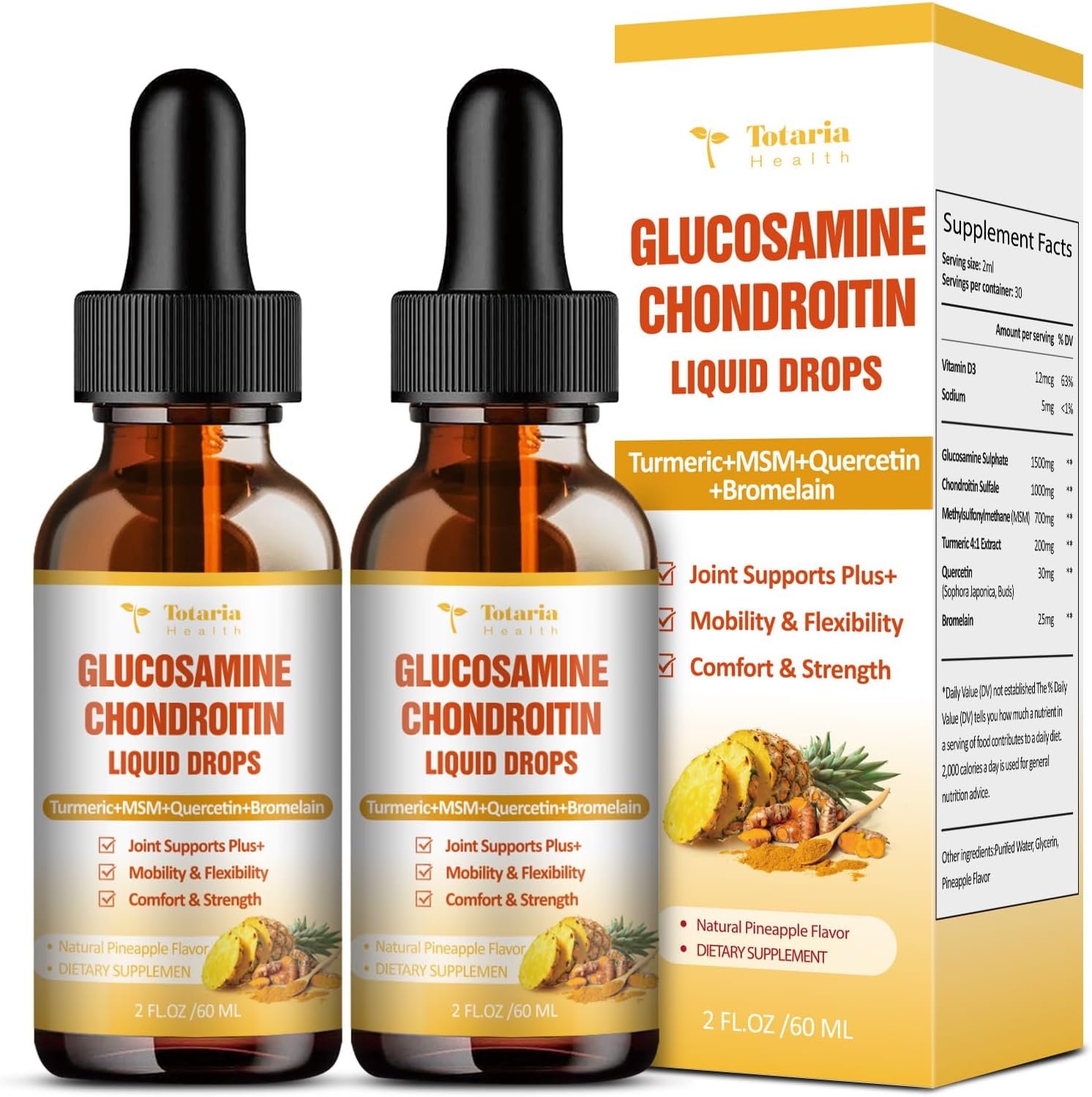 Totaria (2 Packs) Glucosamine Chondroitin MSM Support Joint Health - Chondroitin Sulfate Supplement Turmeric, Quercetin, Bromelain, MSM Oil