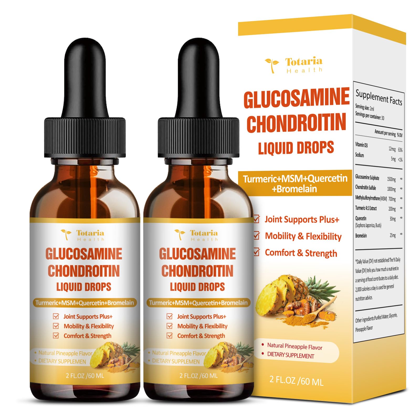 Totaria (2 Packs) Glucosamine Chondroitin MSM Support Joint Health - Chondroitin Sulfate Supplement Turmeric, Quercetin, Bromelain, MSM Oil 2 Fl Oz (Pack of 2)