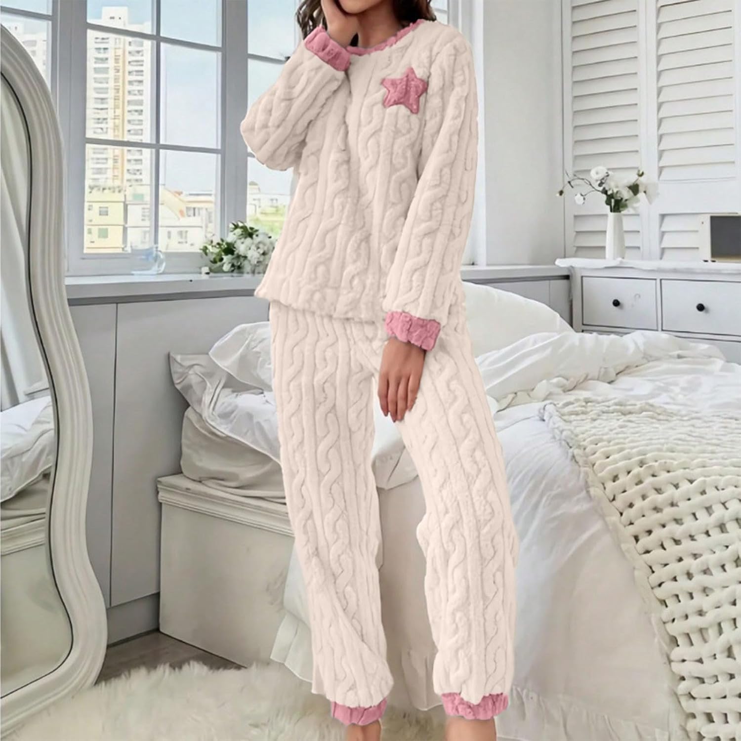 Womens Fluffy Pajama Set Plush Pullover Fleece Warm | Women's Fluffy Pajamas Set Winter Warm 2 Piece Plush Pullover Pants Fuzzy Fleece Sleepwear Crew Neck Loungewear Pjs