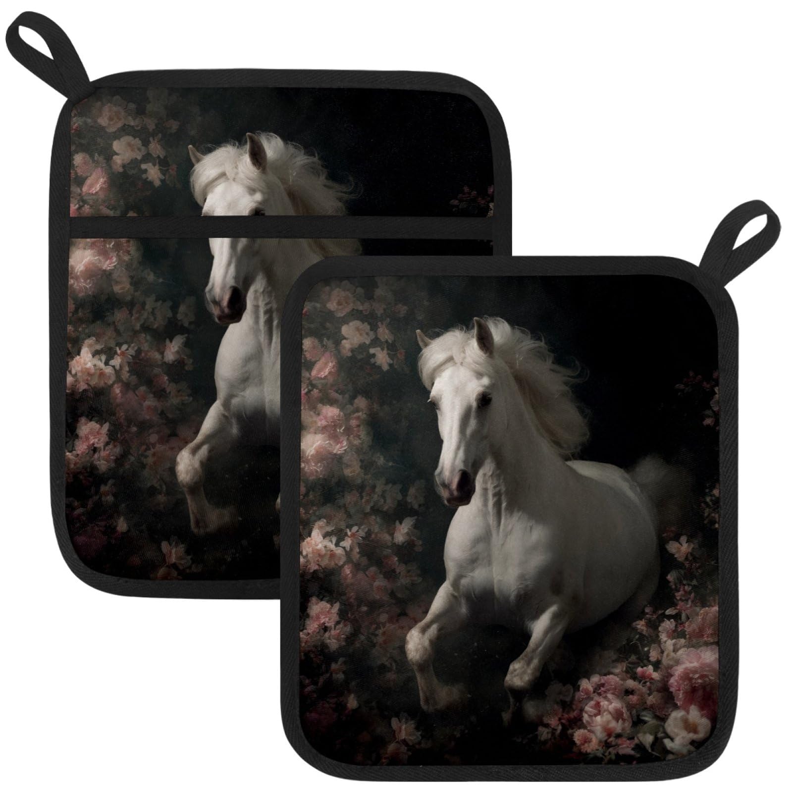 VAPOKF Horse Pot Holders with Pocket for Kitchen Heat Resistant Potholders Large Polyester-Cotton Square Oven Mitts Set