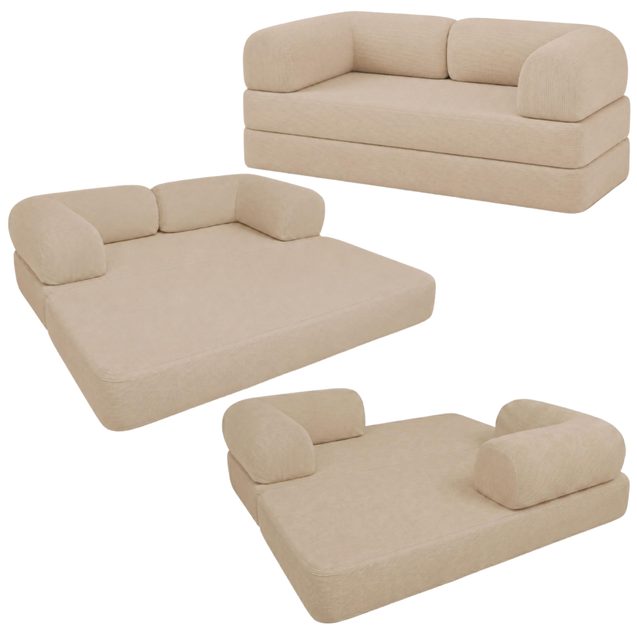 bananair - Sofá Cama de 2 Plazas Fabricado en Francia - Sofá Modular de Espuma de Alta Densidad y Tejido de Pana - Diseño Innovador Boneless, Enviado Comprimido (Beige)