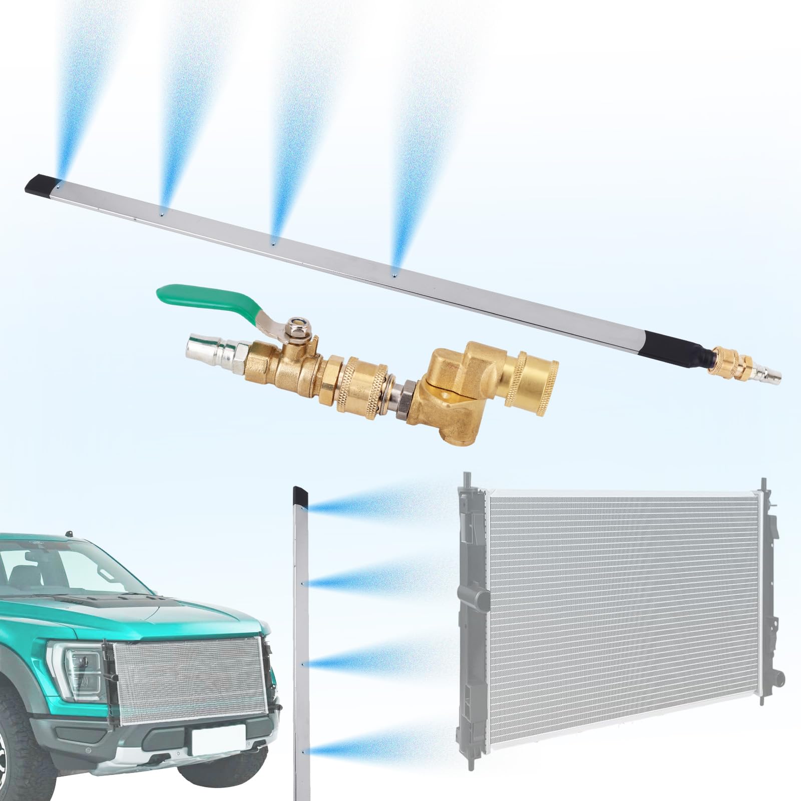 Kit de 4 Varillas para Limpieza Radiadores Coche, 57cm con Válvula Conmutación Acoplador Giratorio y Conexión Rápida para una Limpieza Eficiente de Radiadores y Canaletas