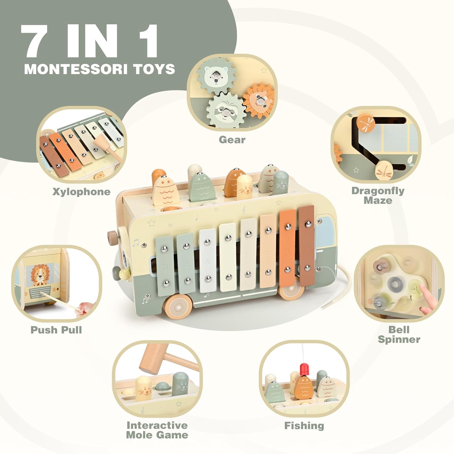 Vanplay Montessori Toys for 1 Year Old - Wooden Hammering Pounding Toys for One Year Old Girls Boy Gifts, 7 in 1 Learning Activities for Baby First Christmas Birthday Gifts for Toddlers 1-3-2-4