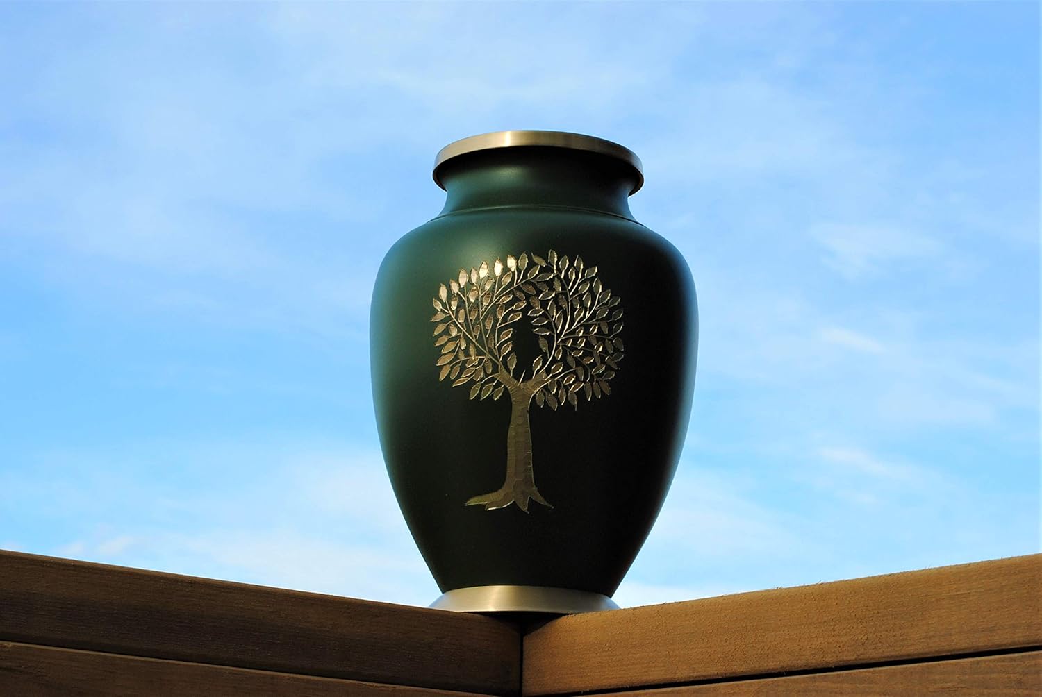 Today's A Gift Store Tree of Life Cremation Urn for Human Ashes, Large Adult Brass Urn, Seaweed Green Memorial Urn with Gold Engraving, Handcrafted Funeral Urn, Secure Lid with Velvet Bag(10.5 Inches)