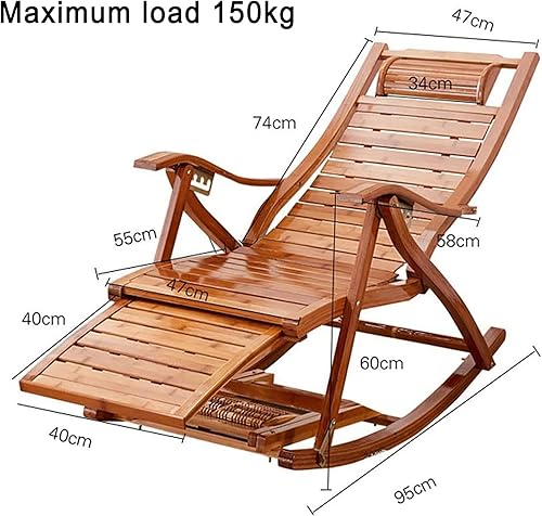 Miniatura 4 de Mecedora de bambú plegable de jardín para tumbonas de ancianos, silla de terraza con cojín, estable y ergonómica de madera, silla de jardín para