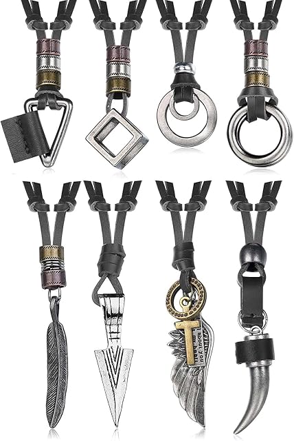 Diamday 8 Pcs Leather Necklace for Men Women Vintage Pendant Leather Cord Necklaces Black Brown Feather Arrowhead Wolf Tooth Wing Double Ring Sweater Chain Statement Mens Necklace Adjustable