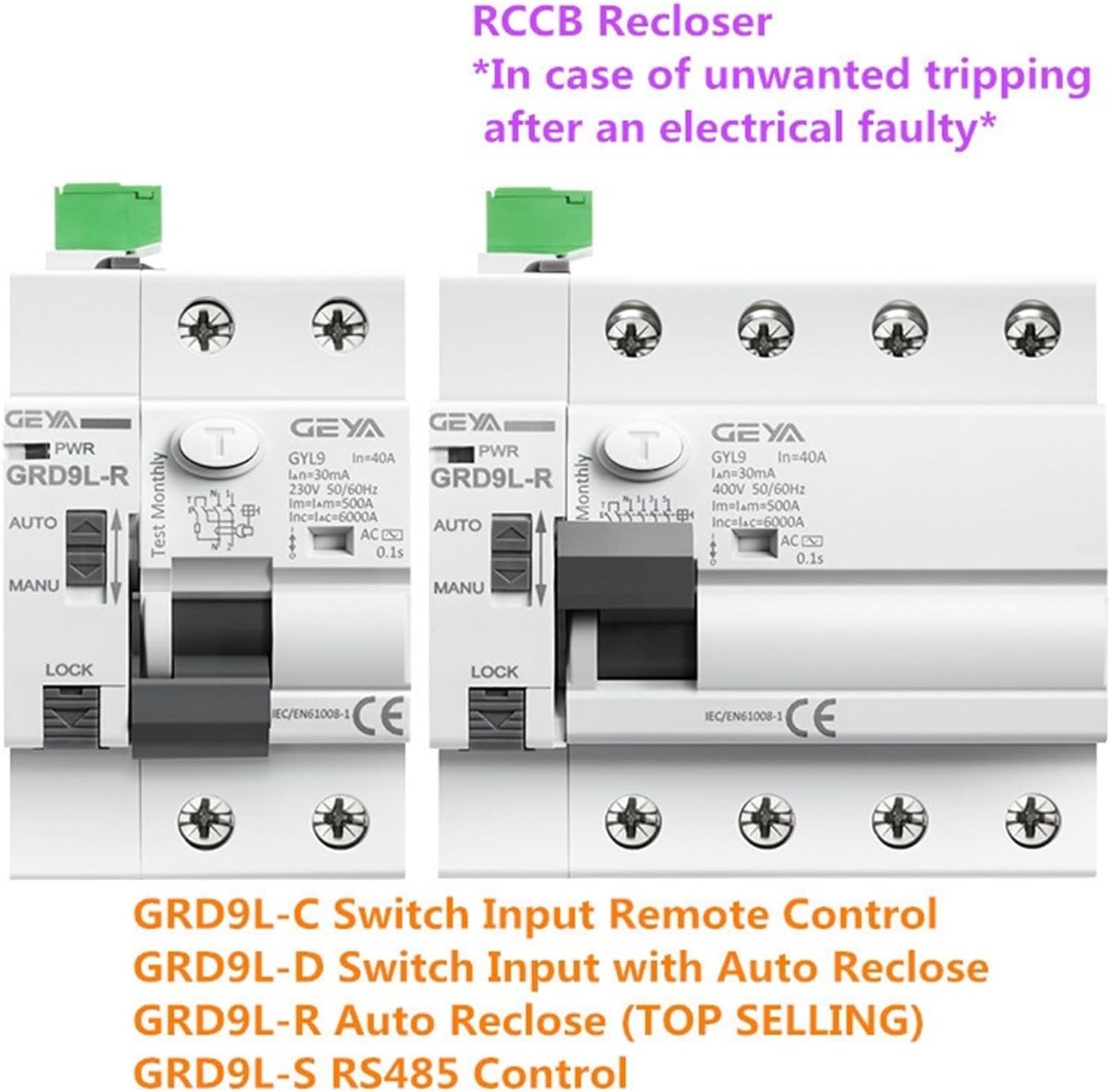 GRD9L 6KA ELCB RCCB 4 Pole Automatic Reclosing Device Remote Control Circuit Breaker Self Reclose RCD(RCCB-4P 40A 30mA,GRD9L-C-DC12V)