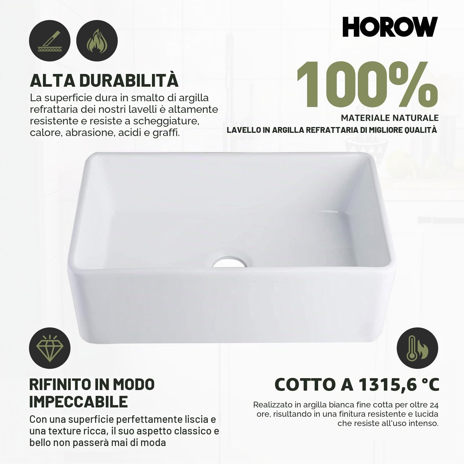 HOROW HRSW - Lavello da cucina a vasca singola da 76,2 cm, con griglia inferiore e colino, grande lavabo in ceramica con grembiule, 45,7 x 76,2 x 25,4 cm, bianco