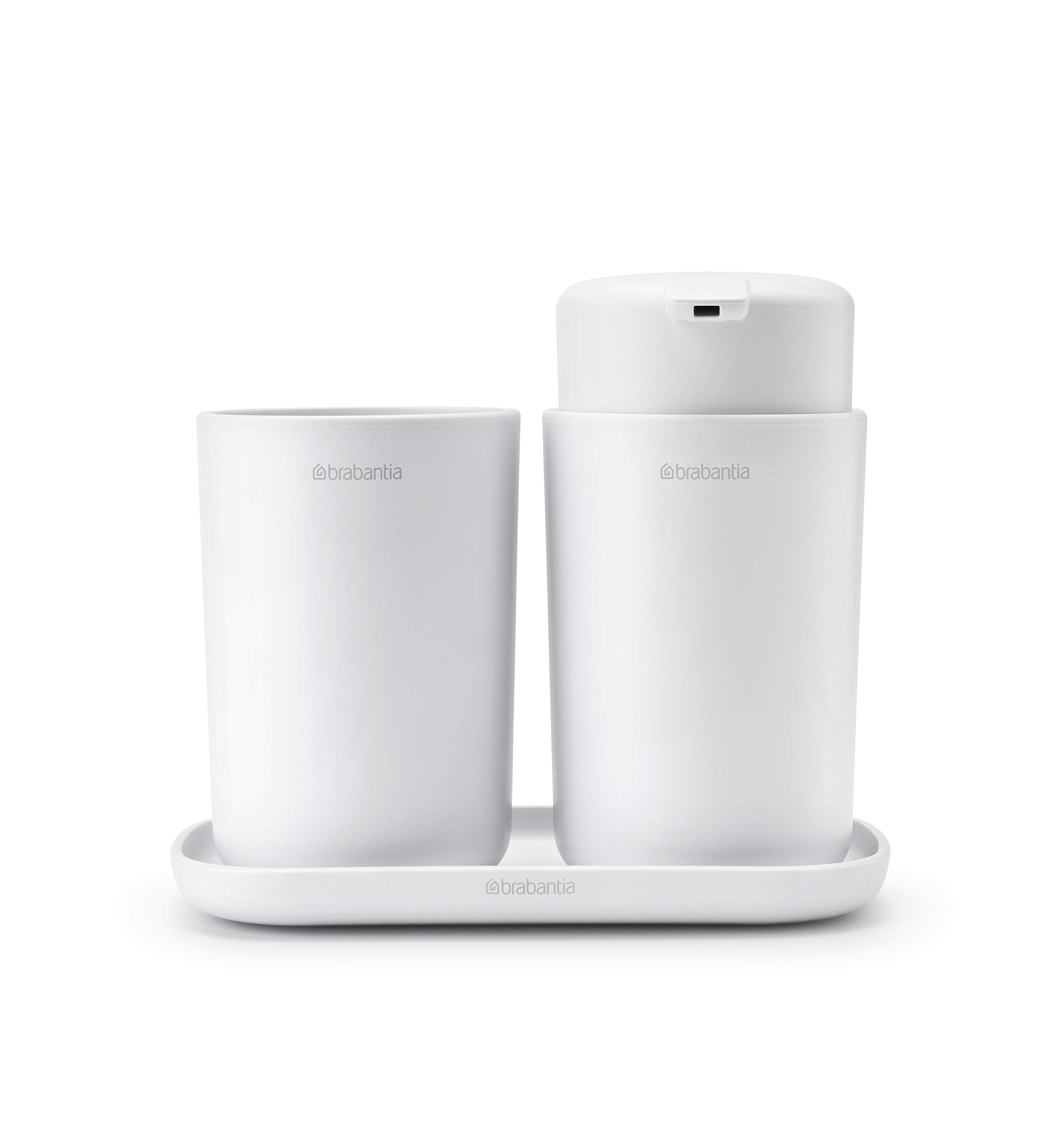 Brabantia ReNew 3 Piece Bathroom Accessory Set, Set of 3, Refillable Handwash Soap Dispenser, Toothbrush Holder & Tray, White
