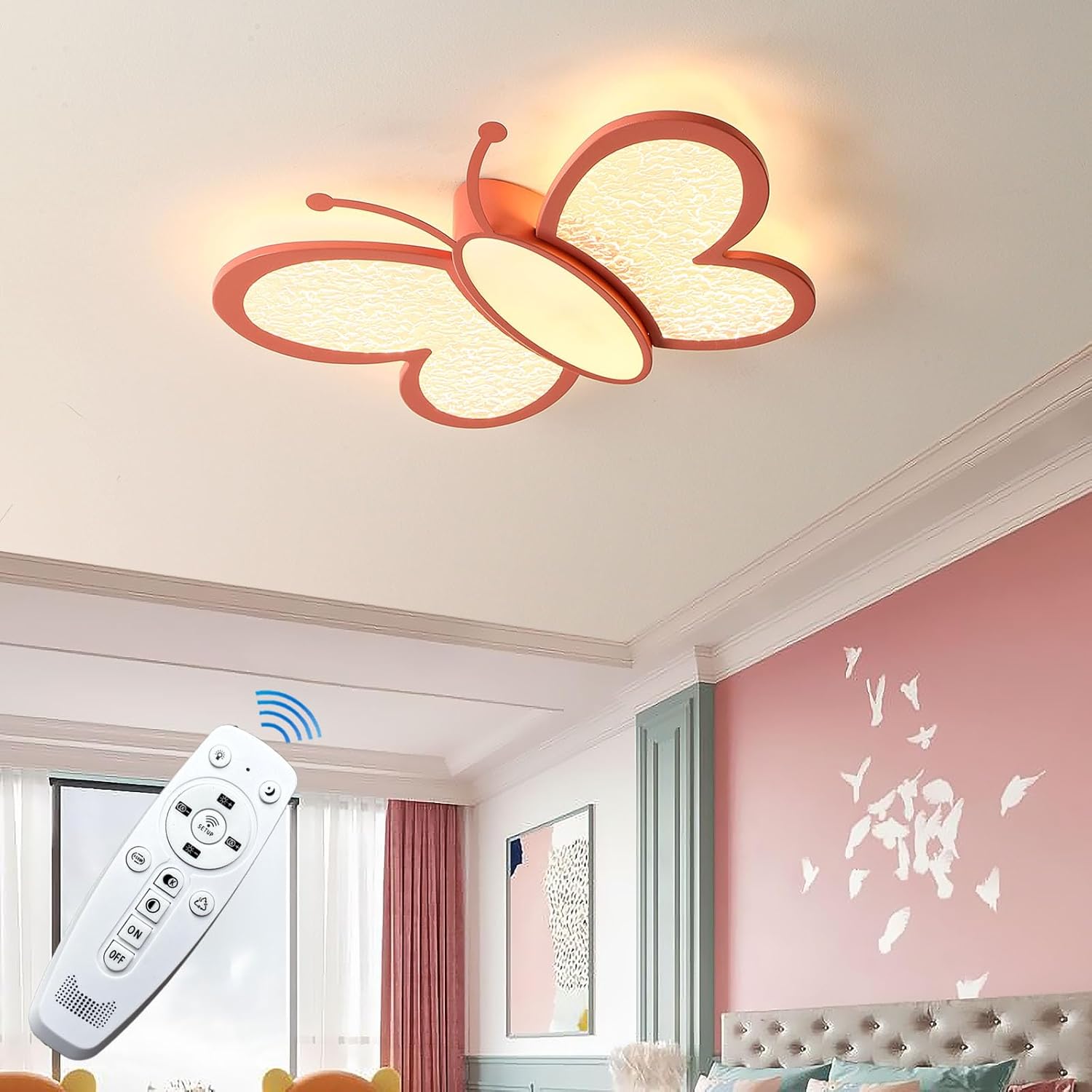 Dimmable LED Flush Mount Ceiling Light Fixture with Remote Control, 18.7Inch 36W Pink Butterfly Modern Ceiling Lamp for Girl Room Baby Kids Room Bedroom Nursery Dining Room Kitchen